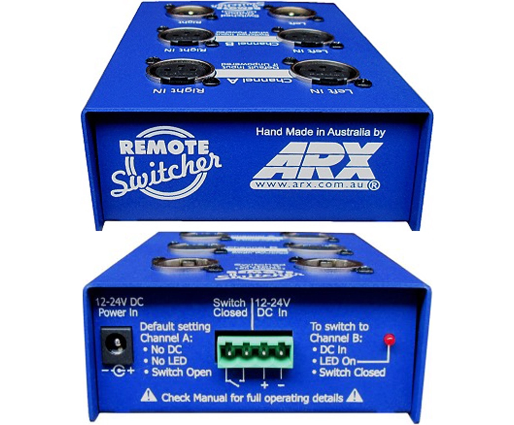 Blue ARX Remote Switcher with XLR connectors and DC inputs. Instructions and settings are shown on the front. Made in Australia.