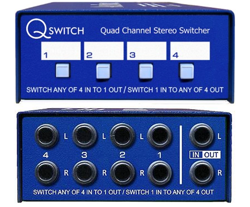 Blue quad channel stereo switcher with buttons labeled 1 to 4 on the front and input/output ports on the back. Text indicates switching any of 4 inputs to 1 output or vice versa.