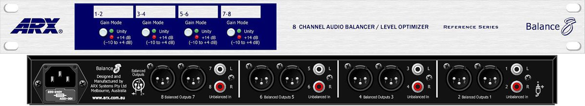 8-channel audio balancer with front panel knobs and indicator lights, and rear panel connections including XLR inputs and outputs.