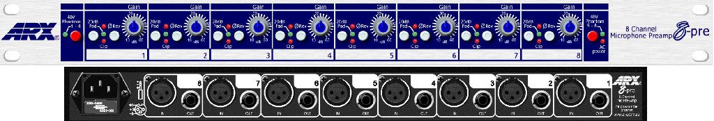 Front and back view of an AMX 8-channel microphone preamp, featuring gain knobs, LED indicators, and multiple XLR and power connectors.