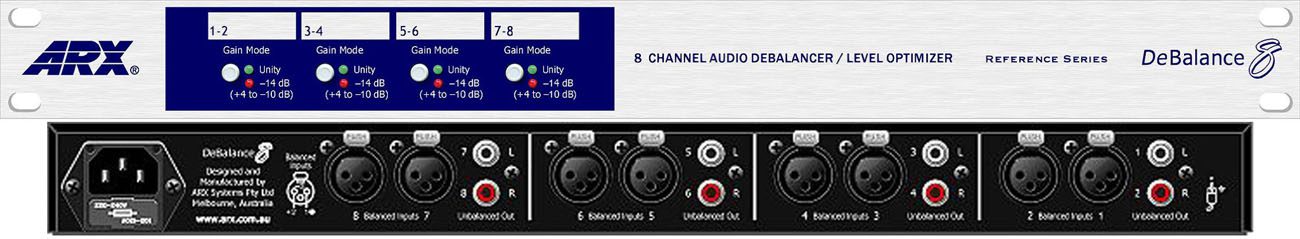 Front and back view of an ARX DeBalance 8-channel audio debalancer with level optimizer, featuring XLR inputs and outputs, and power supply details.